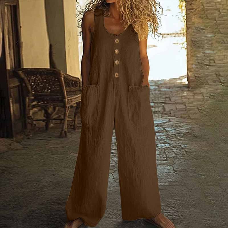 Women's Elegant Wide-Leg Jumpsuit - Button Front Formal & Casual Romper, Lightweight Wear