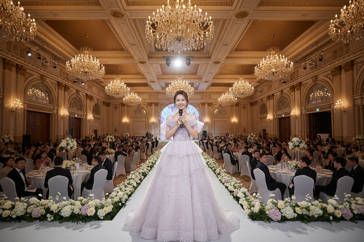 Off-the-shoulder sparkling tiered gown with full skirt and delicate bodice detail