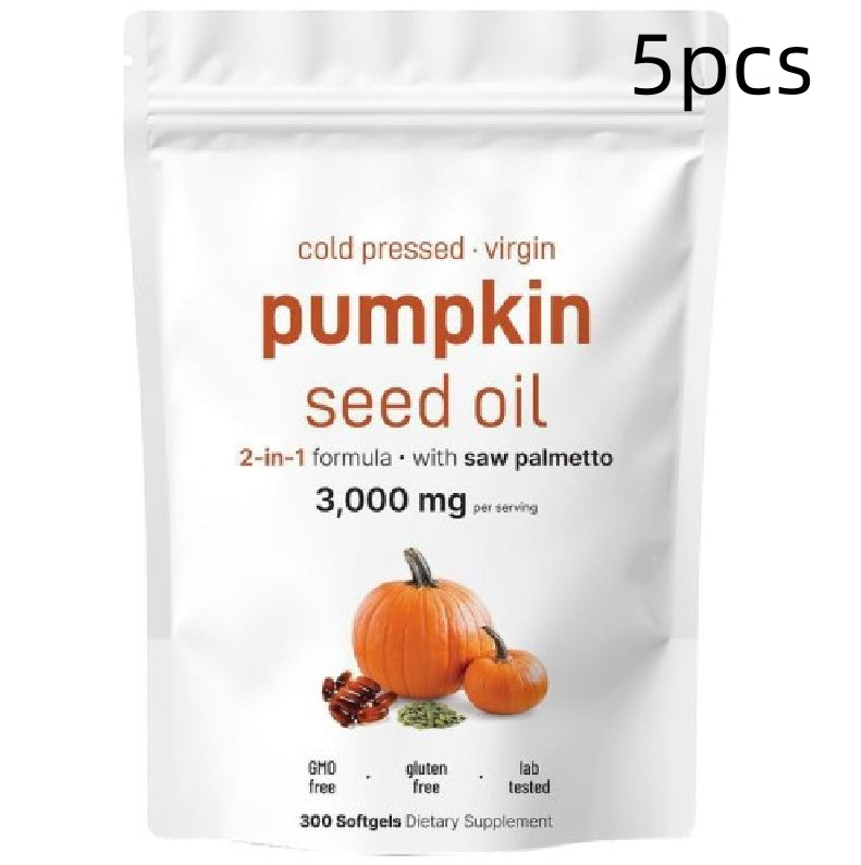 Pumpkin seed oil softgel pouch labeled 5PCS, 300 softgels, 3,000 mg per serving