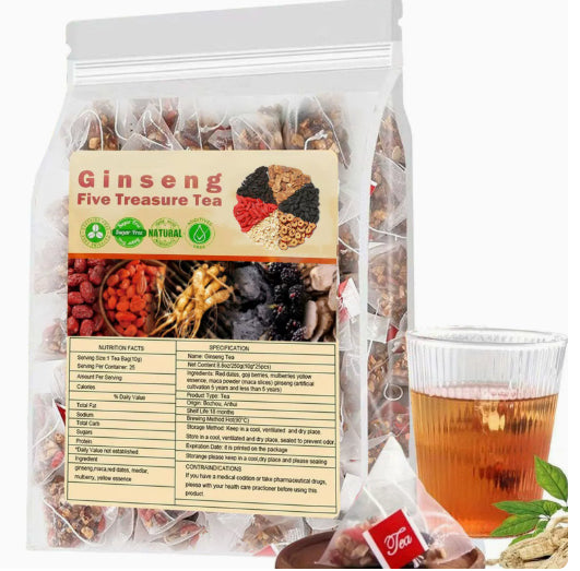 Tea ingredient sampler pouch with nutrition panel and cup of brewed tea