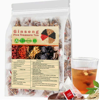 Tea ingredient sampler pouch with nutrition panel and cup of brewed tea