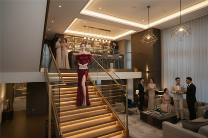 Burgundy off-shoulder evening dress with long sleeves and sequined fishtail skirt