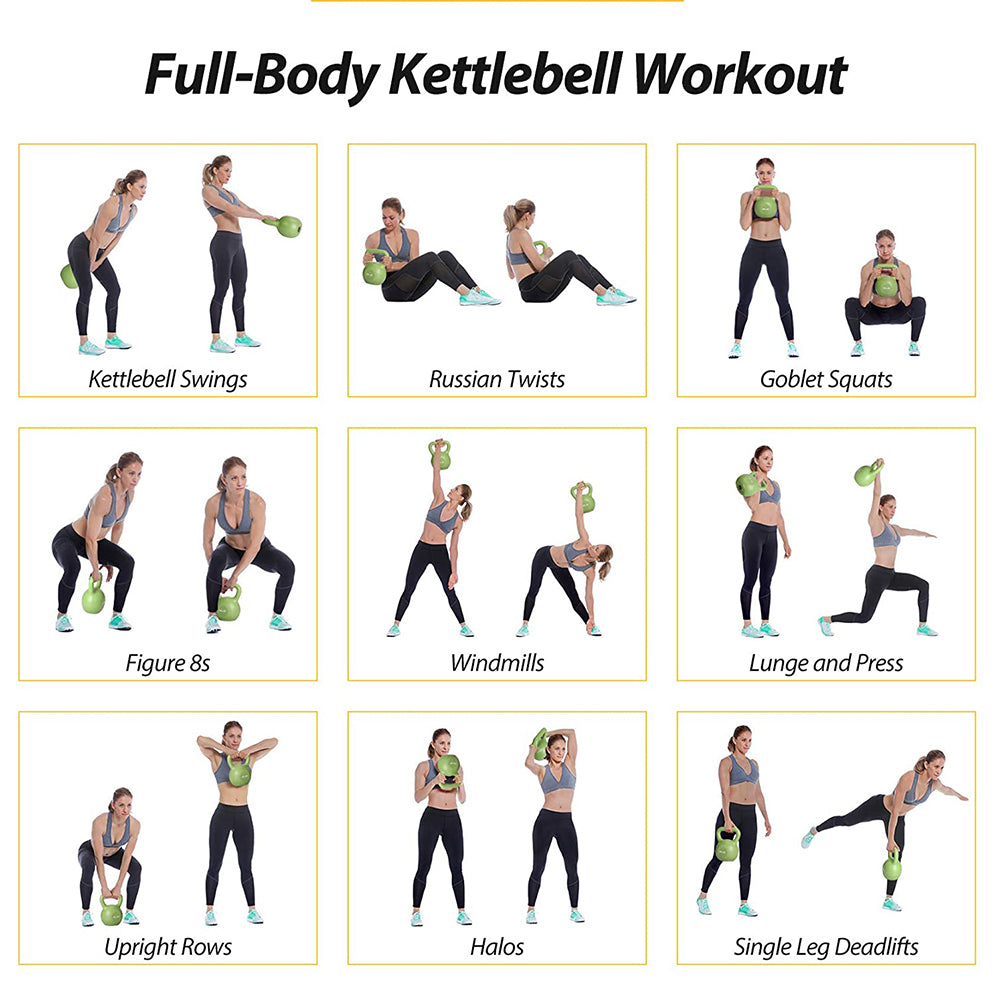 Green kettlebell workout guide featuring multiple exercises with a 15 lb weight