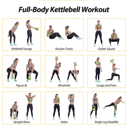 Green kettlebell workout guide featuring multiple exercises with a 15 lb weight