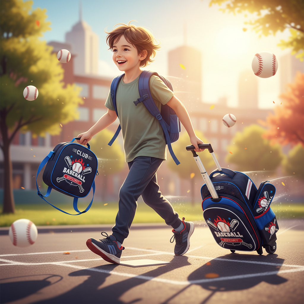 Three-piece trolley school bag set in dark blue with baseball patches and matching mini bag