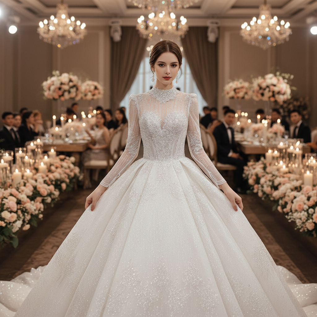 Front view of sparkly white long-sleeve wedding dress with high illusion neckline.