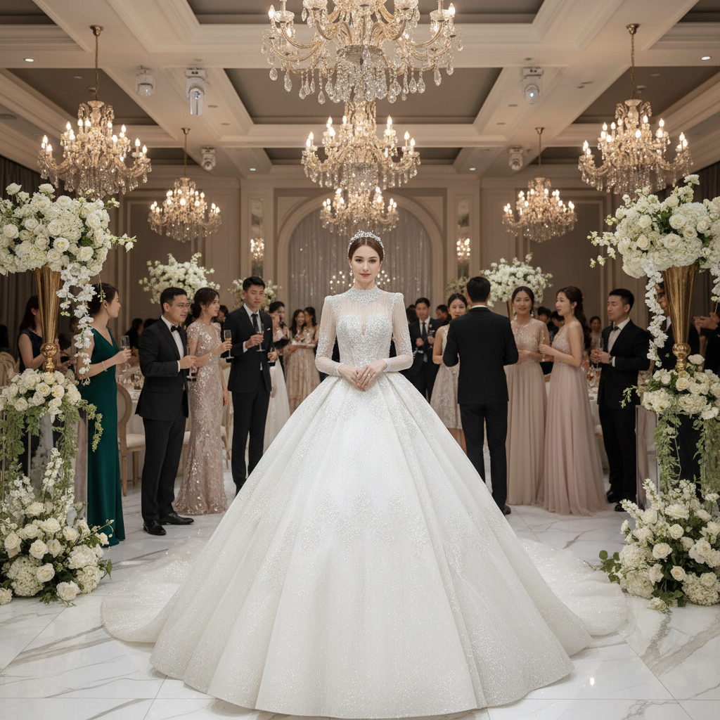 Ivory long-sleeve wedding dress with lace bodice, illusion neckline, and full glitter skirt