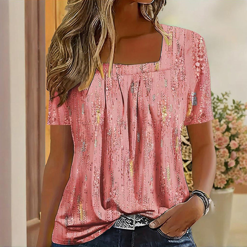 Women's Casual Square Neck Glitter T-Shirt - Sparkling Short Sleeve Top With Printed Design, Vibrant Fashion Tee