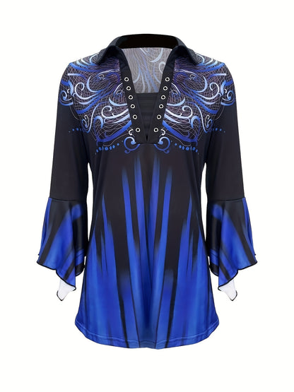New Printed Lapel Blue Three-quarter Sleeve T-shirt Irregular Cuff Button Top