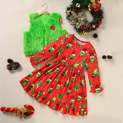Toddler Kids Baby Girl Christmas Outfits, Long Sleeves Cartoon Prints Party Dress With Heart Print Vest Coat Set