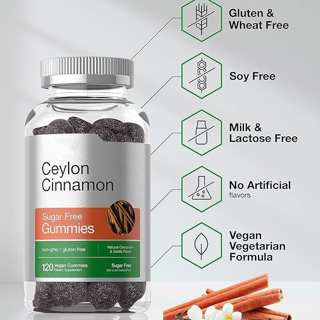 Bottle of Ceylon cinnamon sugar-free gummies with vegan and gluten-free labels