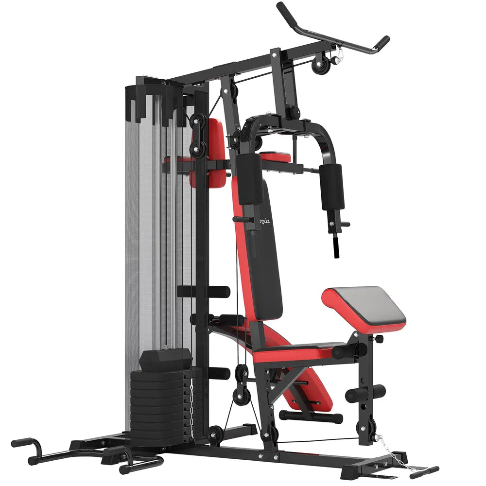 Multi-function home gym with red incline bench, lat pulldown tower, and cable handles