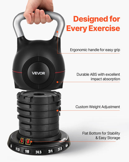 Black adjustable kettlebell held by ergonomic handle; stacked weight plates visible