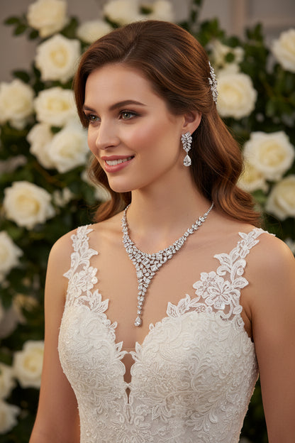 Zircon necklace and earring set with silver-toned zircon teardrop necklace and drop earrings