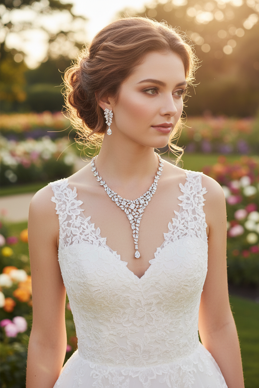 White lace wedding dress with pink and clear rhinestone necklace and dangling earrings