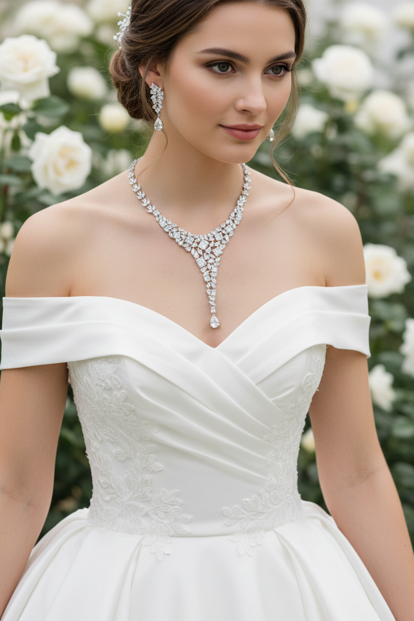 Off-shoulder white wedding dress with pink and clear rhinestone necklace and earrings