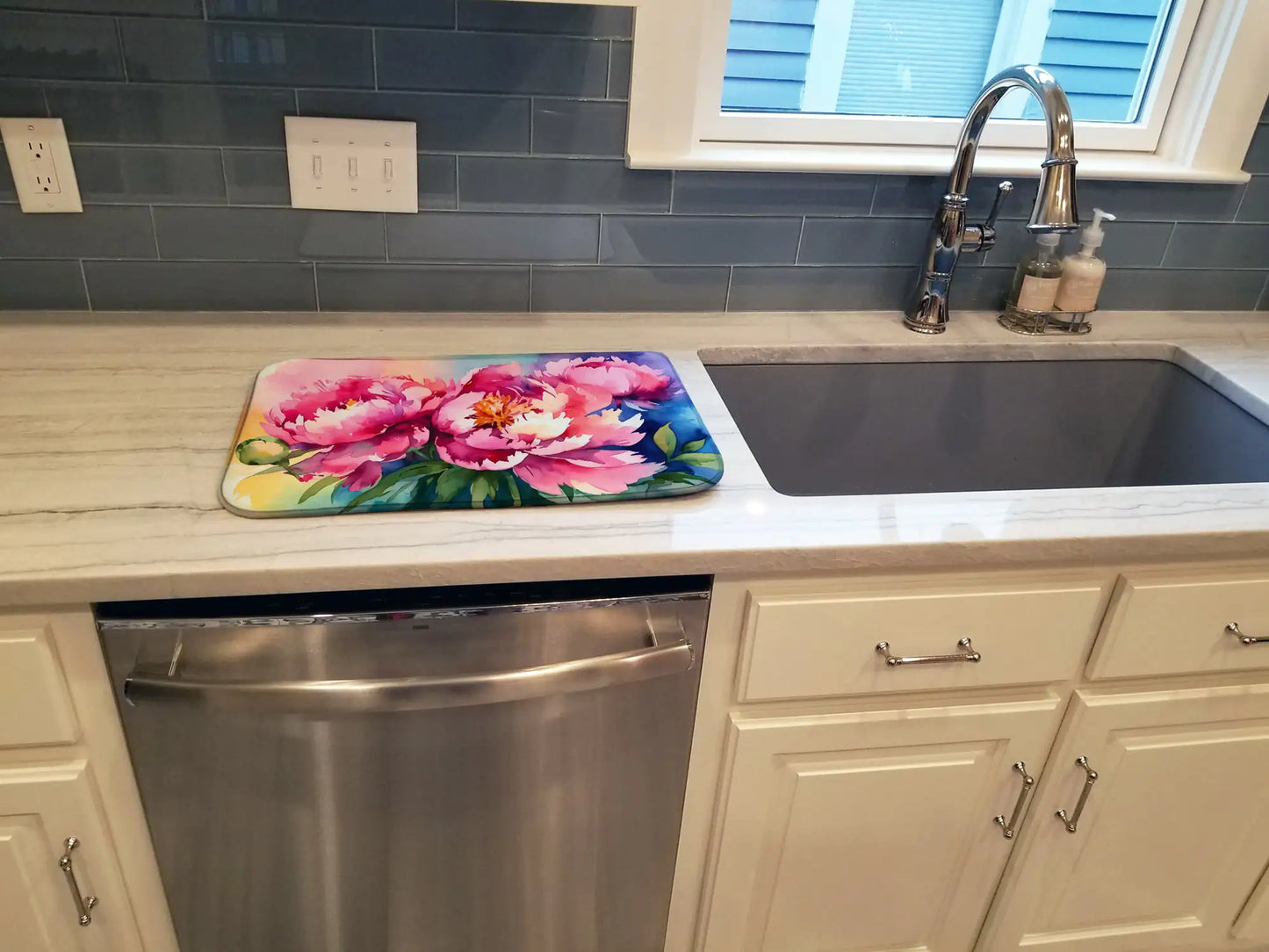 Peonies in Watercolor Dish Drying Mat