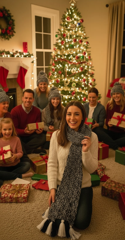 Handmade Beanie n Scarves Black and White Set