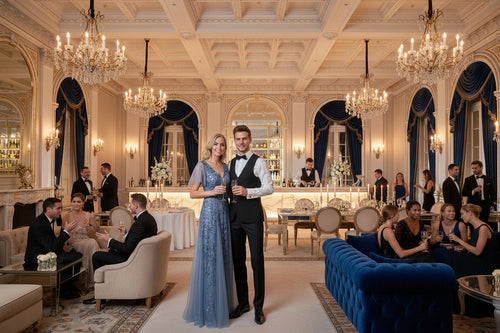 Blue long evening dress with V-neckline, fitted beaded bodice, and flowing skirt