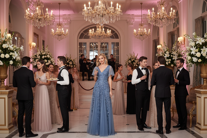 Blue long evening dress with V-neckline and fitted bodice, flowing full skirt