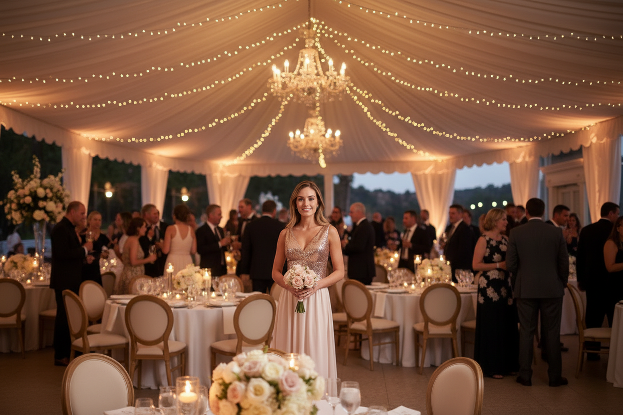 Champagne sleeveless V-neck dress with beaded top and full-length chiffon-like skirt