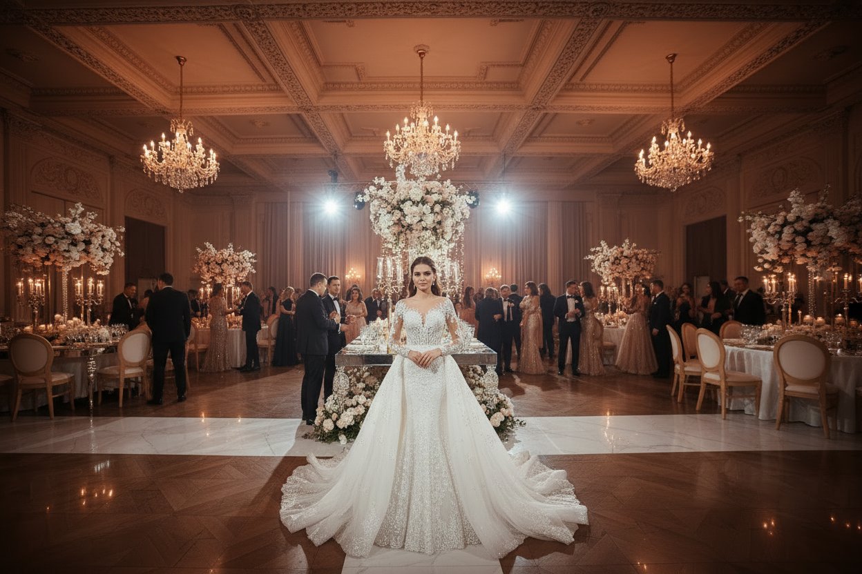 White long-sleeve mermaid wedding dress with lace bodice and sweeping flared skirt.