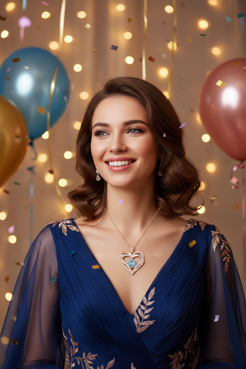 Silver heart pendant necklace with blue gemstone center on a fine chain