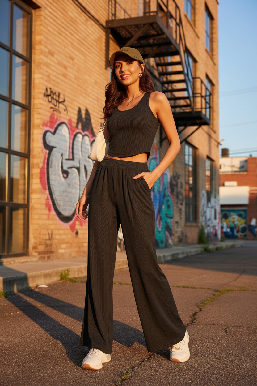 Black sleeveless crop top and wide-leg pants suit set