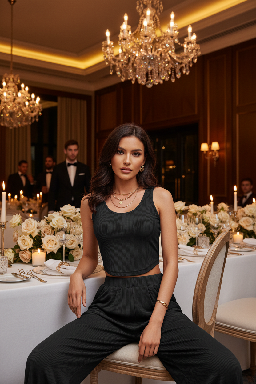 Black sleeveless crop top and wide-leg pants suit set