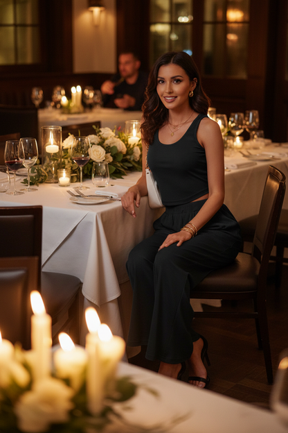 Black sleeveless crop top and wide-leg pants suit set