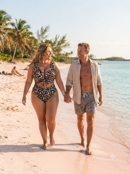 Leopard print one-piece swimsuit with V-neck chest tie and high-cut leg