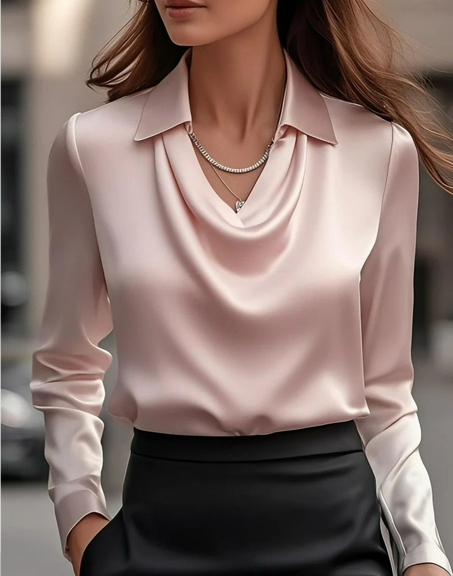 Women’s satin draped blouse in pale pink, swing collar, long sleeves