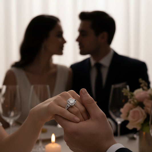Square-cut moissanite diamond ring in silver setting on a hand