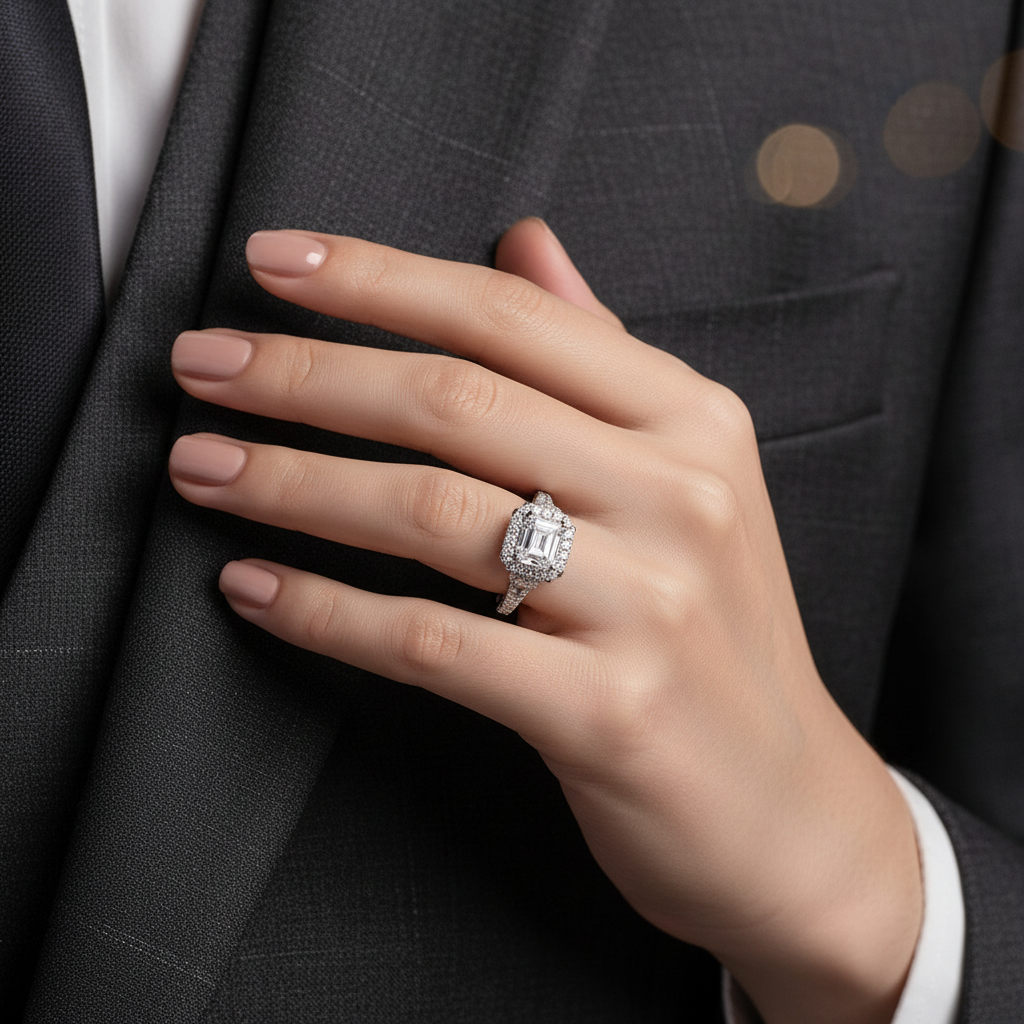 Silver moissanite diamond ring with square centerpiece and halo detail