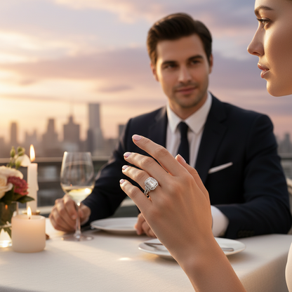Moissanite diamond ring with square centerpiece in silver on an open hand