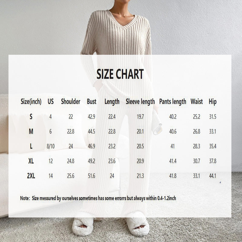 Women's 2-Piece Set Solid Color V-Neck Long Sleeve Top & Straight Leg Pants, Ribbed Texture Outfit
