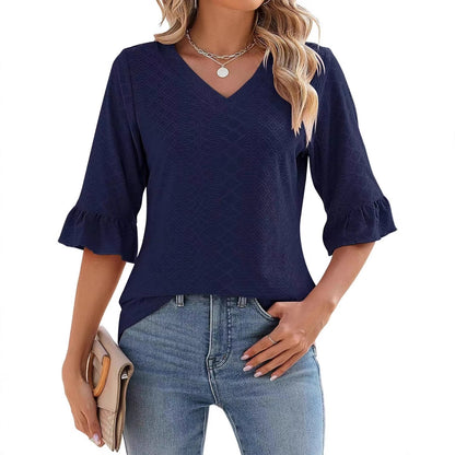 Women’s textured V-neck ruffle-sleeve top in navy blue with flared three-quarter sleeves