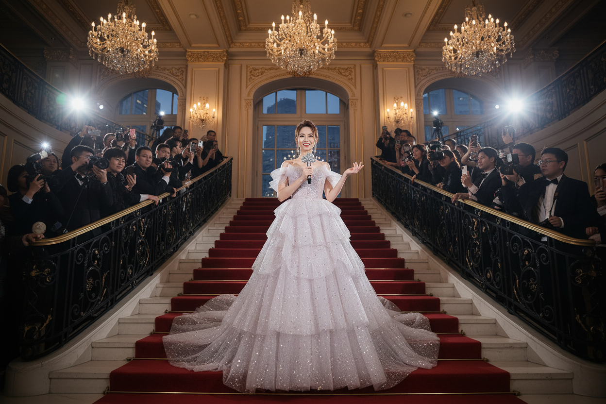 Off-the-shoulder glittering tiered gown on steps, sleeveless fitted bodice