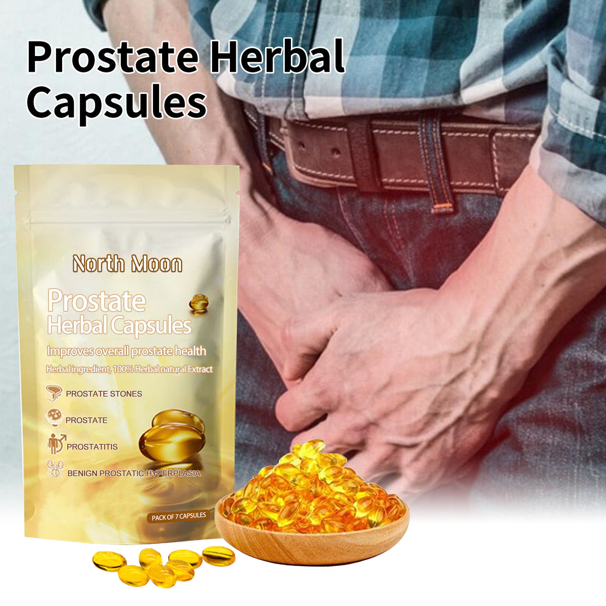 Herbal prostate supplement pouch with golden capsules beside a man holding his groin