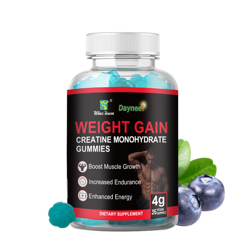 Gummy supplement bottle with blue gummies and white ribbed cap