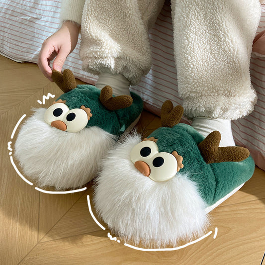 Cute Cartoon Christmas Deer Cotton Winter Slippers Half-covered Heel Plush Shoes