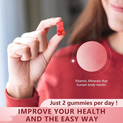 Red gummy bears held in a hand for sugar-free calcium magnesium with zinc and D3
