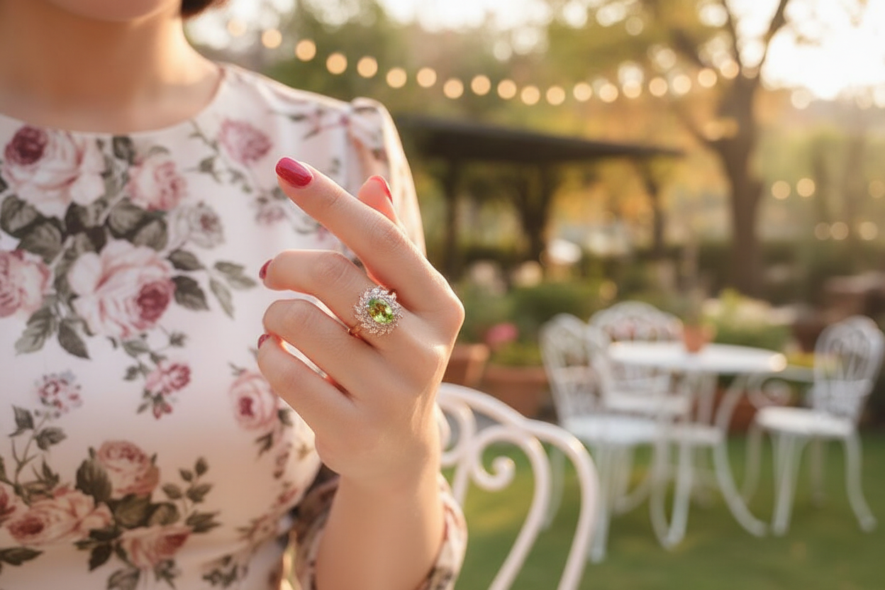 Gold peridot halo ring with round green center stone