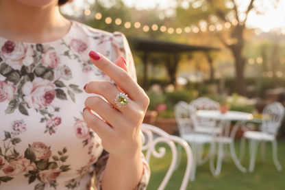 Gold peridot halo ring with round green center stone