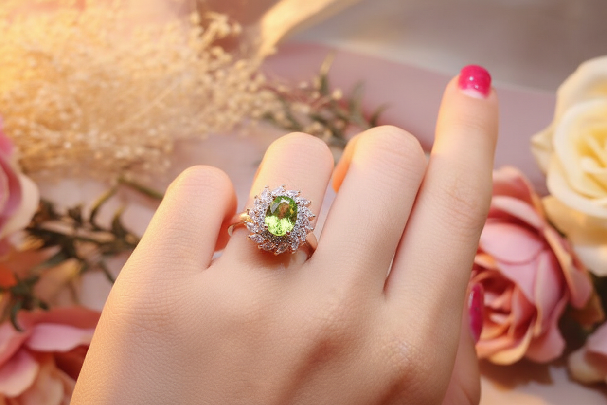 Close-up of oval peridot statement ring with halo detailing in silver-gilt
