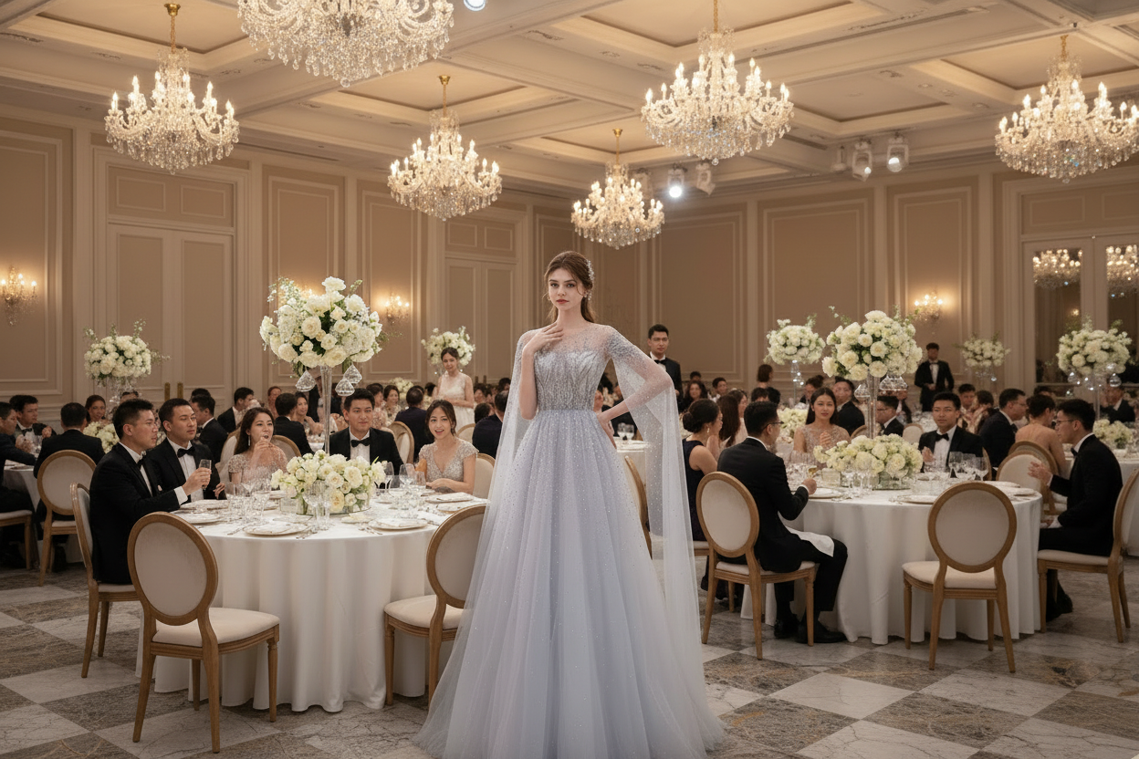 Light blue embellished gown with long sleeves and voluminous tulle skirt