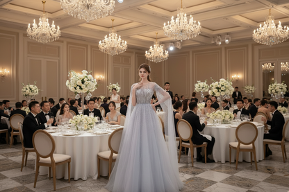 Light blue embellished gown with long sleeves and voluminous tulle skirt