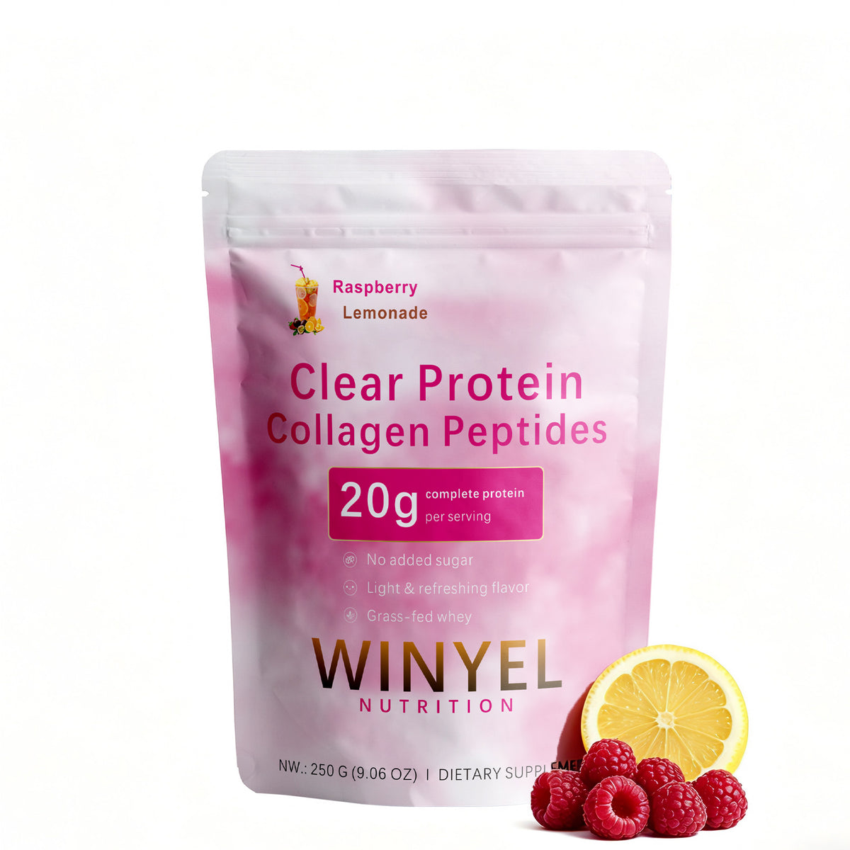 WINYEL clear protein collagen peptides pouch, raspberry lemonade, 250 g