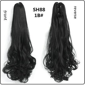 Claw clip ponytail hair extension in black, long wavy strands with clip