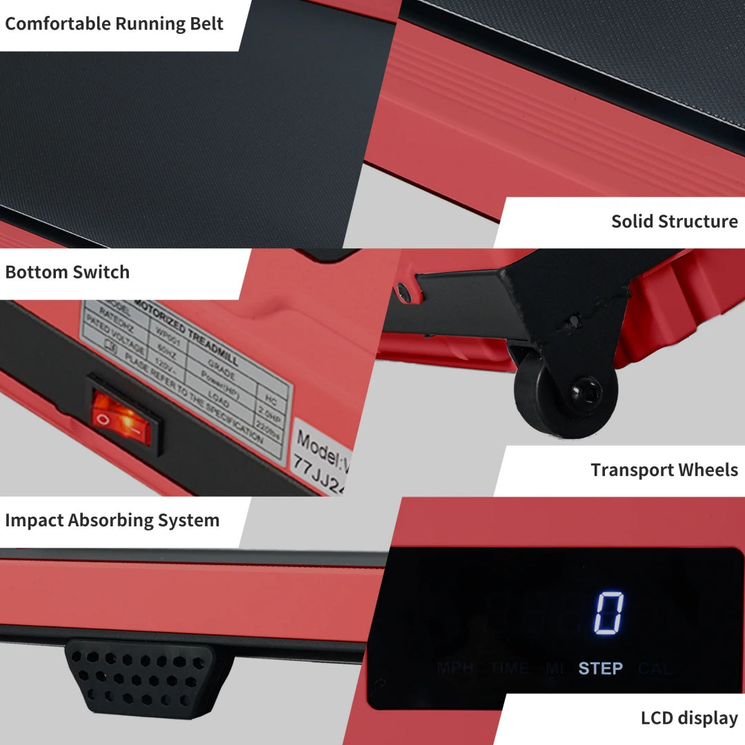 Close-up of red treadmill base with display screen, switch, and caster wheels